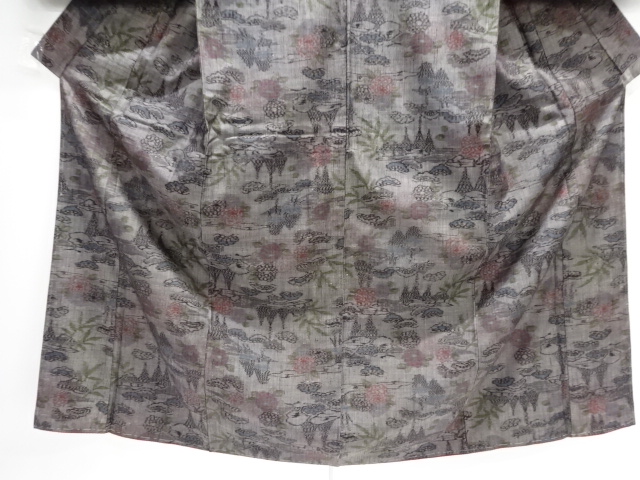  アンティーク　松菊模様織り出し手織り紬着物